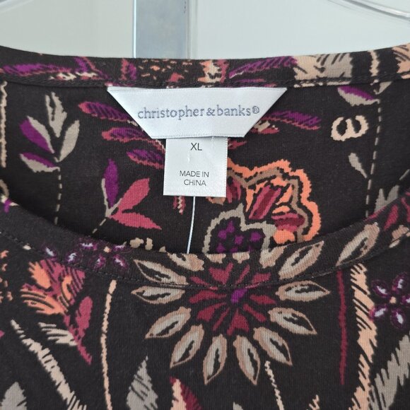 Christopher & Banks Puff Long Sleeve Scoop Neck Brown Multi Floral Print XL New - Picture 3 of 7